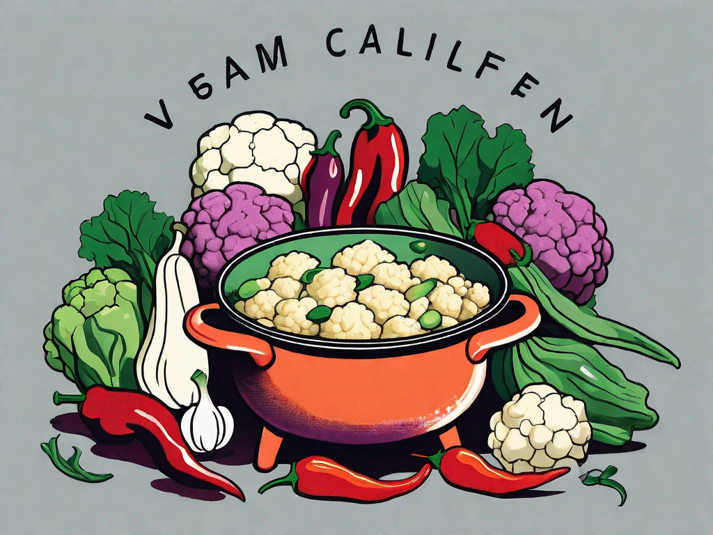 A vibrant vegan kitchen scene featuring a pot of simmering cauliflower vegetable bean chili