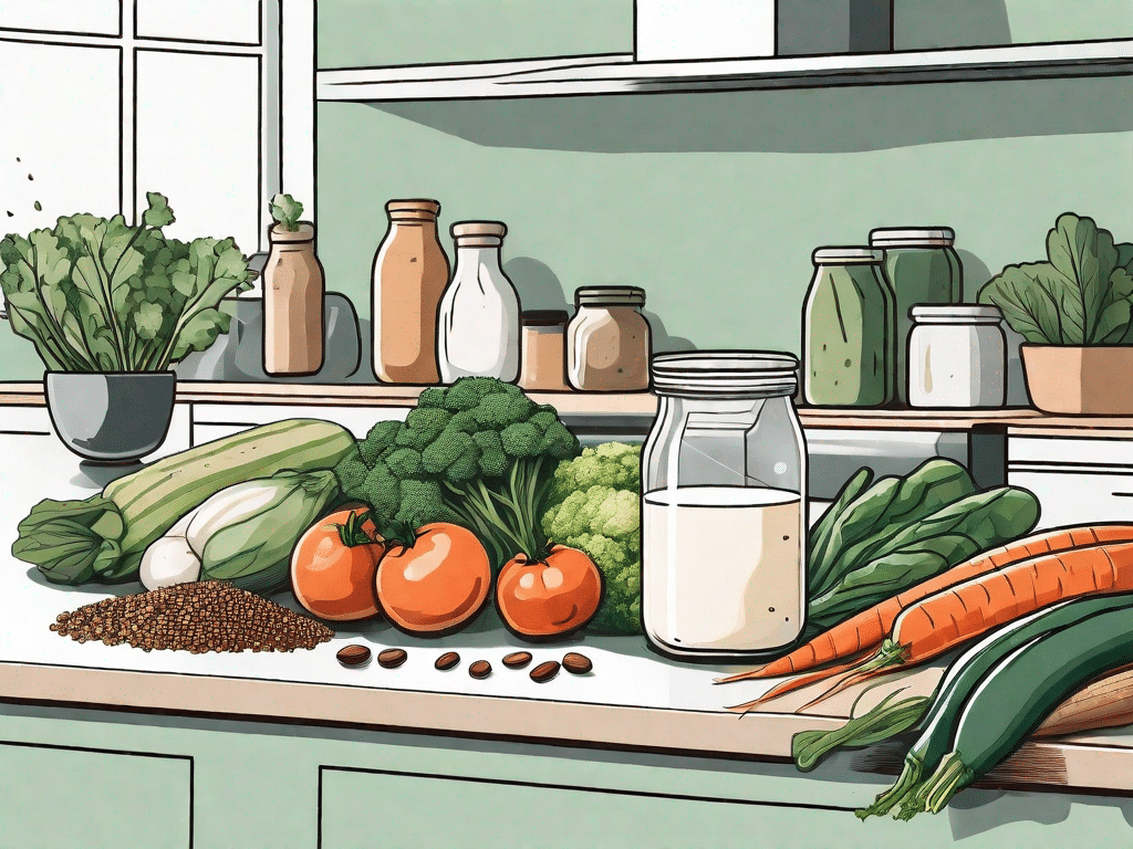 A well-stocked kitchen counter filled with various vegan ingredients such as fresh vegetables