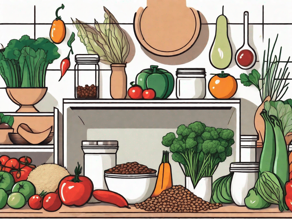 A vibrant kitchen counter filled with various vegan ingredients such as fresh vegetables