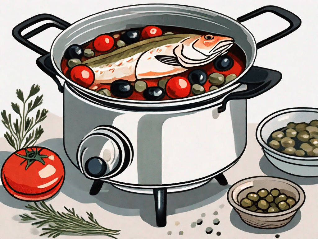 A pot simmering on a stove with cod