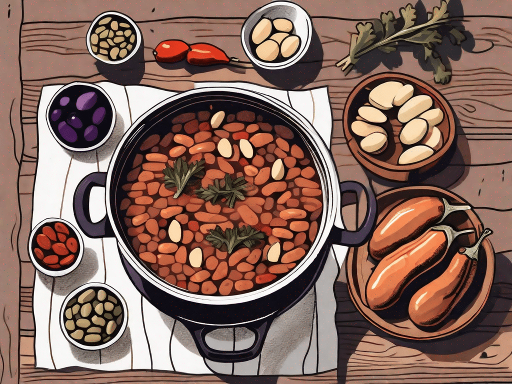 A rustic kitchen scene featuring a steaming pot of cassoulet with aubergines