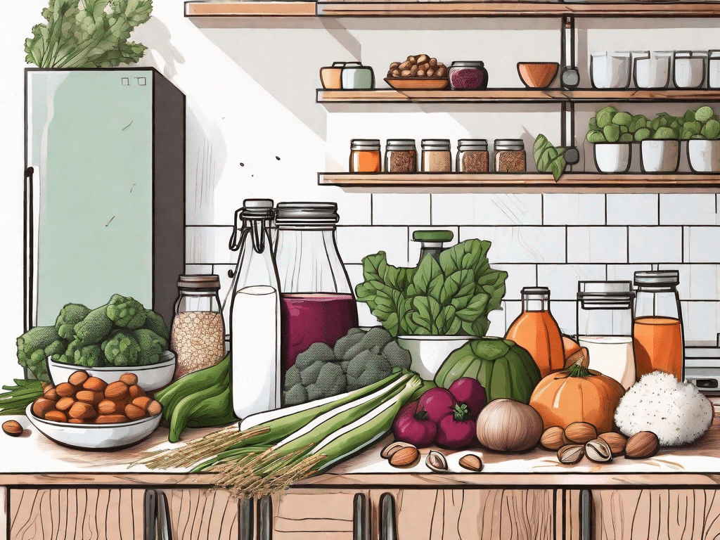 A well-stocked kitchen counter filled with various vegan ingredients like fresh vegetables
