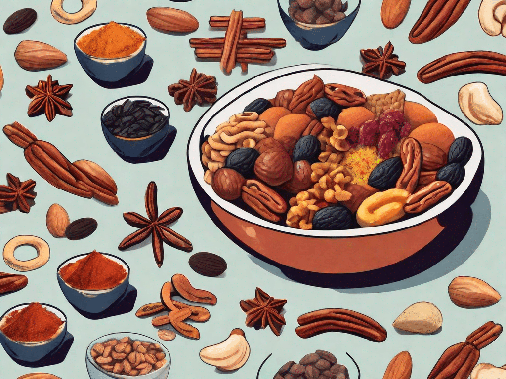 A vibrant array of spiced vegan snacks like nuts