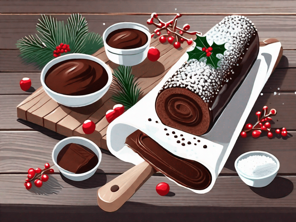 A vegan chocolate log adorned with festive decorations like holly and berries