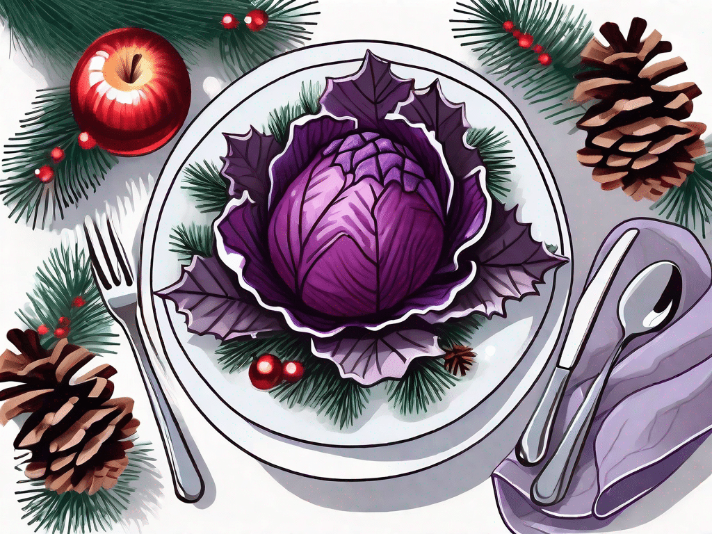A festive table setting featuring a baked red cabbage and apple dish