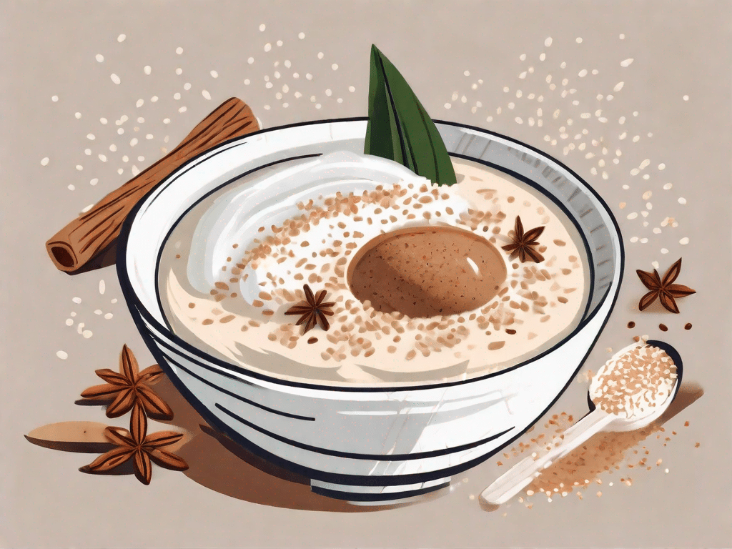 A bowl of creamy fonio porridge with visible coconut flakes and a sprinkle of nutmeg on top
