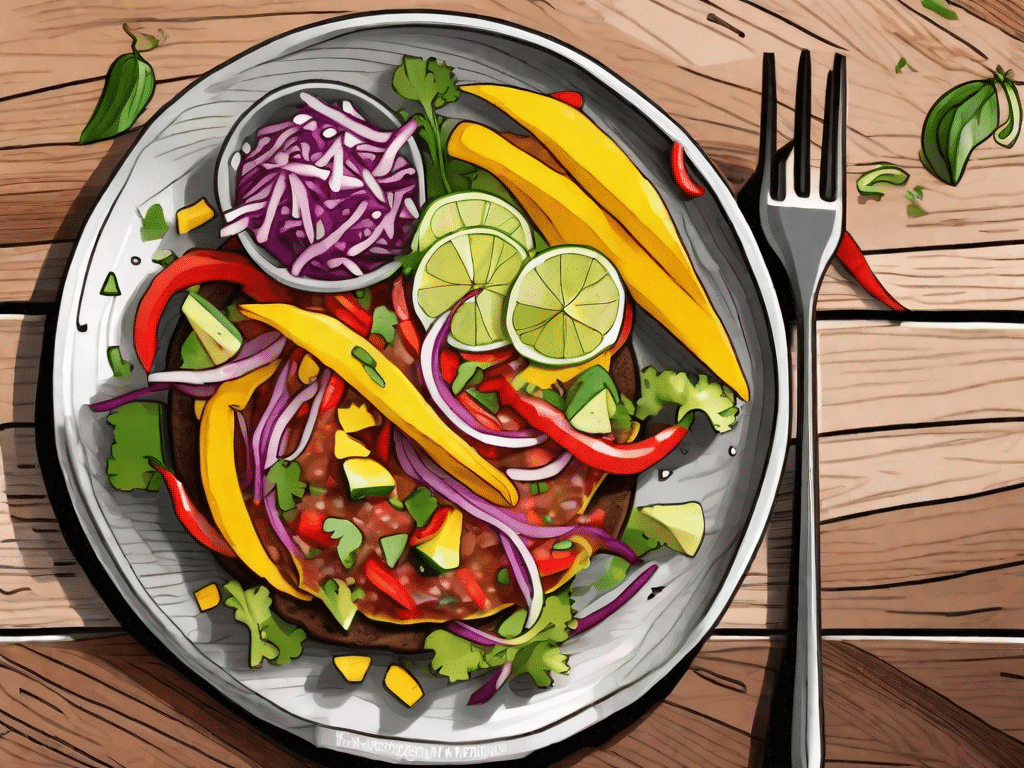 A vibrant vegan fajita tostada topped with colorful veggies
