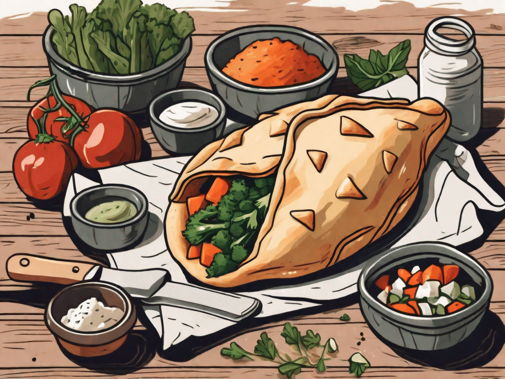 A freshly baked vegan cornish pasty surrounded by raw ingredients like diced vegetables