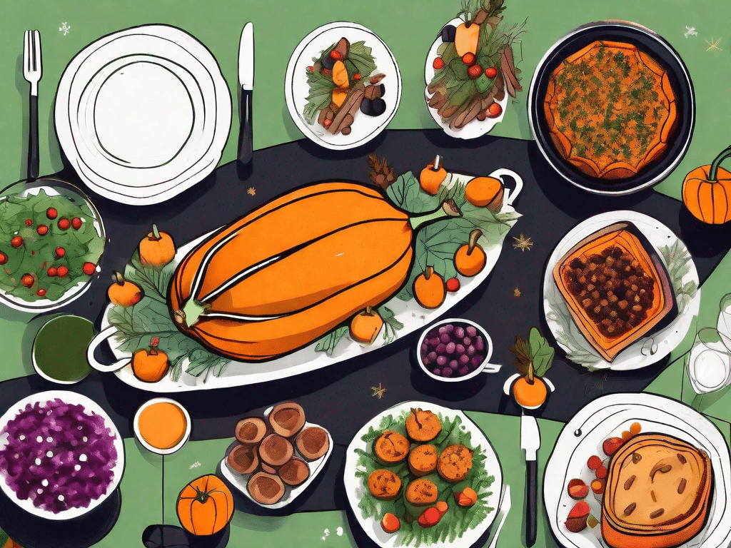 A festive table spread filled with a variety of colorful and appetizing vegan dishes