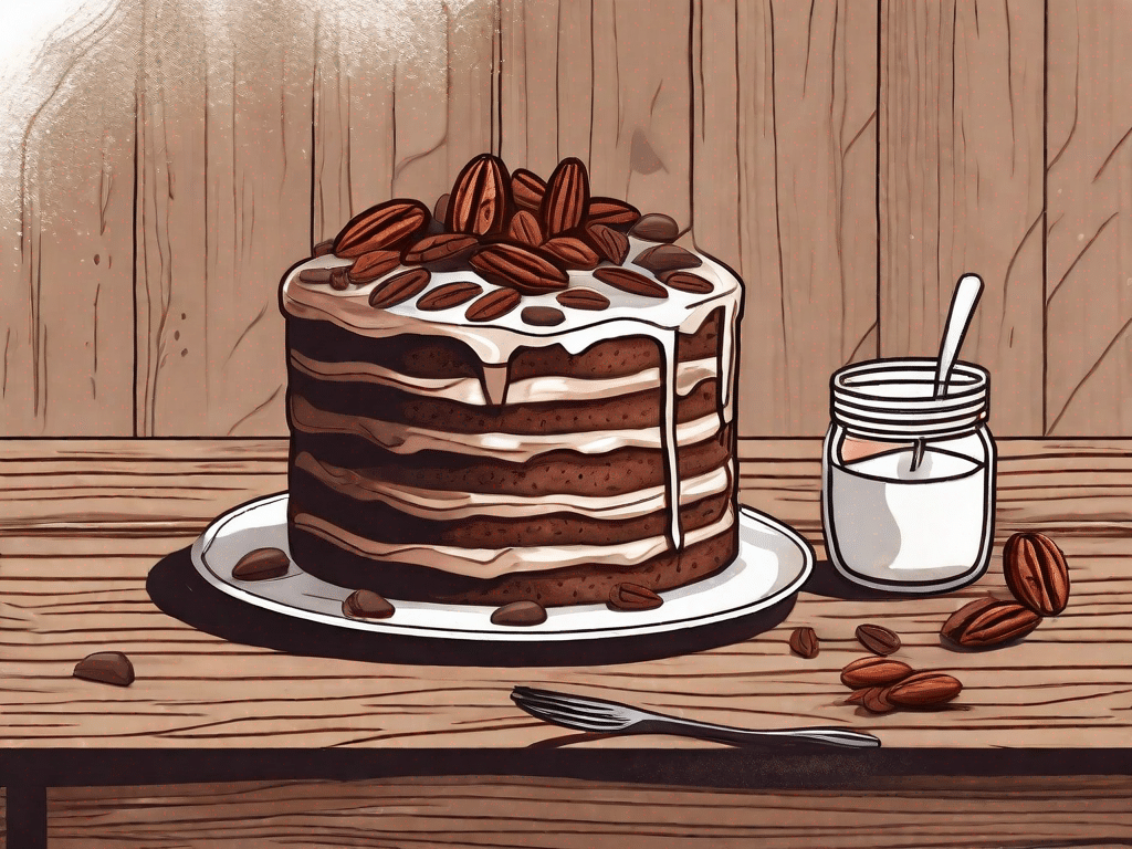 A vegan german chocolate cake on a rustic wooden table
