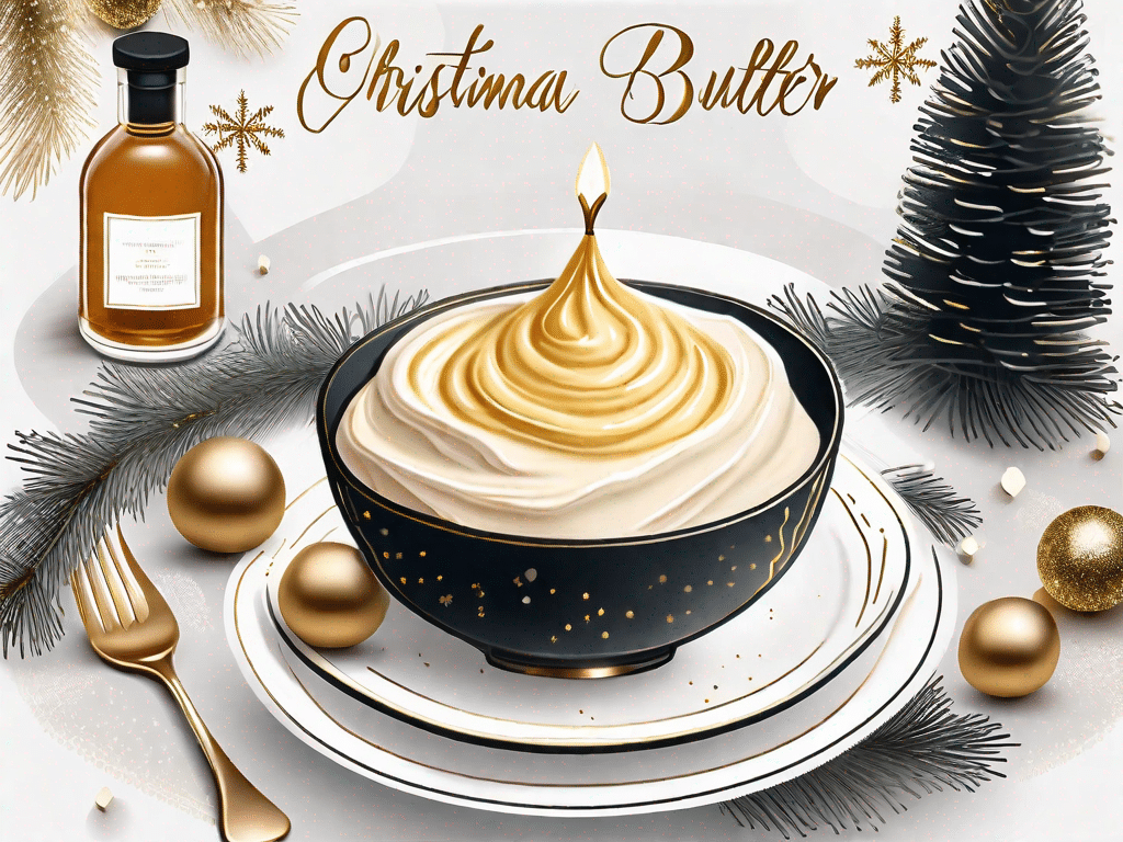 A festive holiday table setting with a bowl of golden vegan brandy butter as the centerpiece