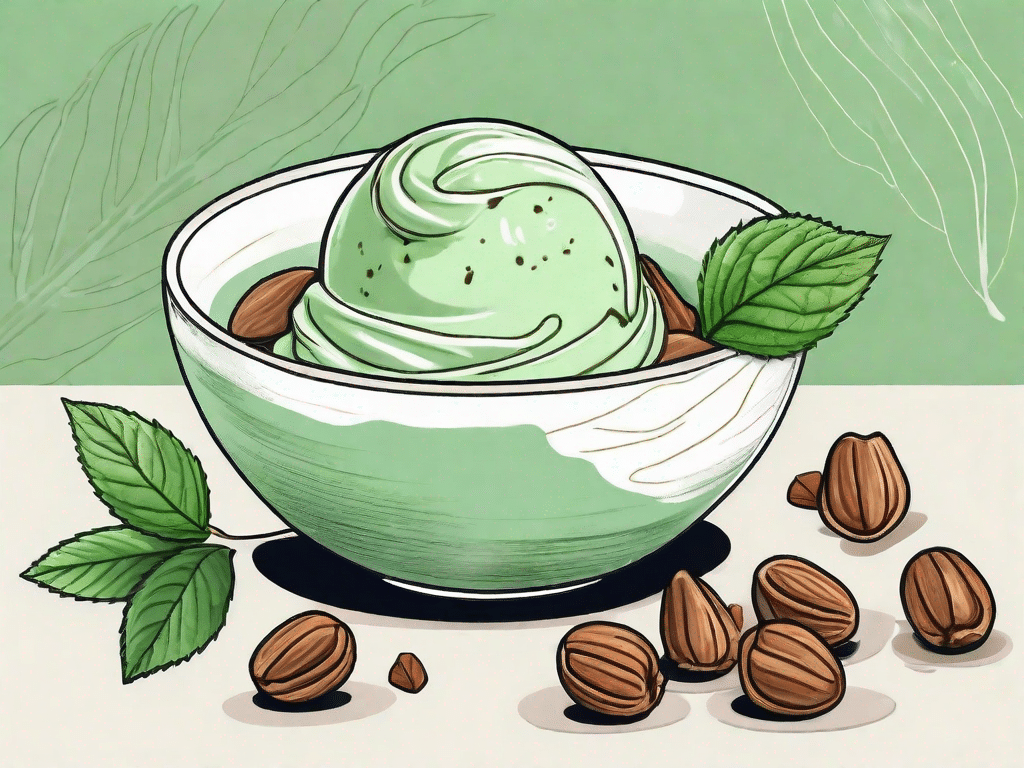 A scoop of green tea and hazelnut vegan ice cream in a bowl