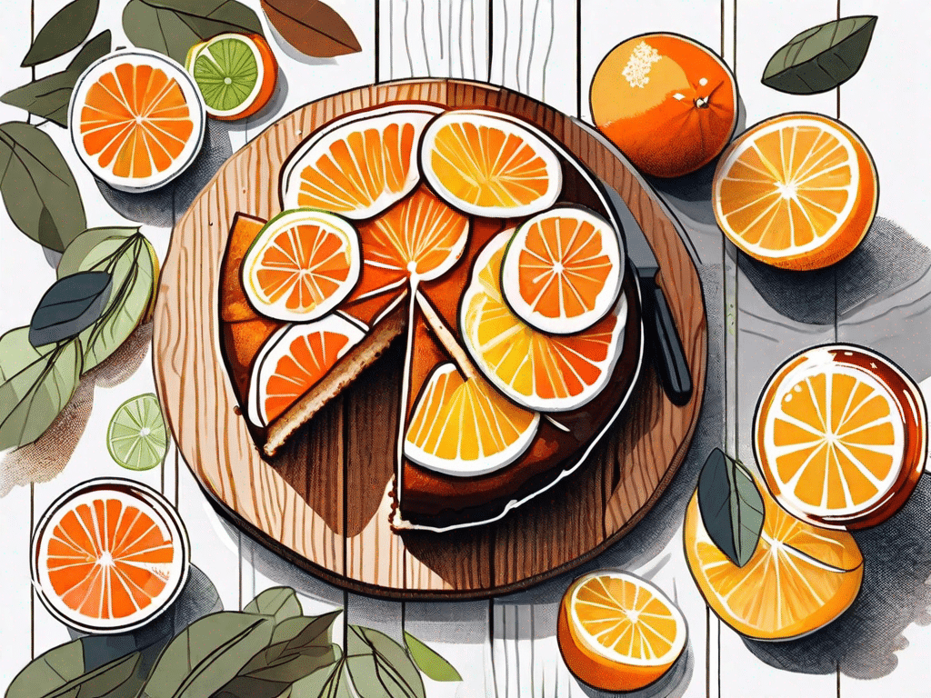 A vibrant vegan marmalade cake topped with assorted citrus slices