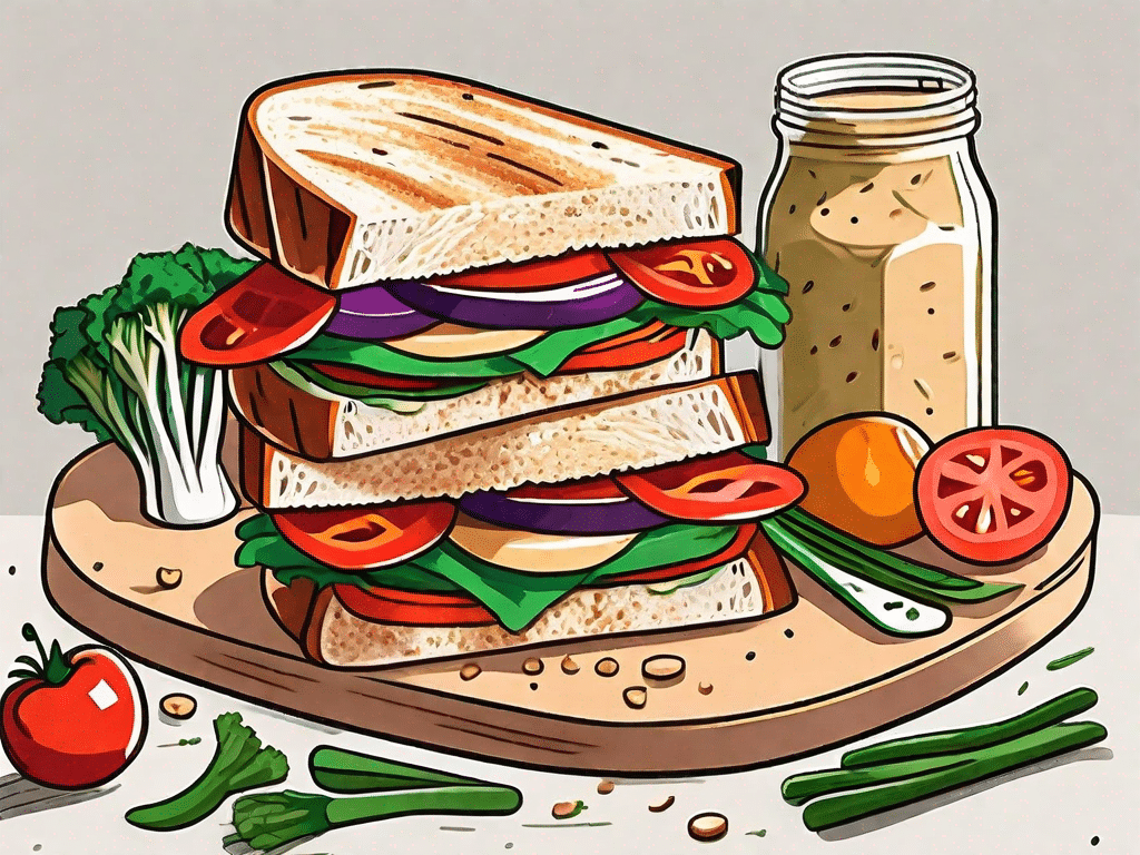 A vibrant veggie sandwich filled with colorful layers of hummus
