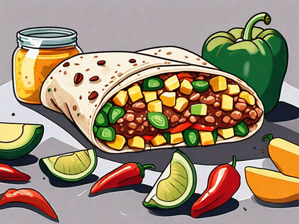 A vegan breakfast burrito bursting with colorful ingredients like beans