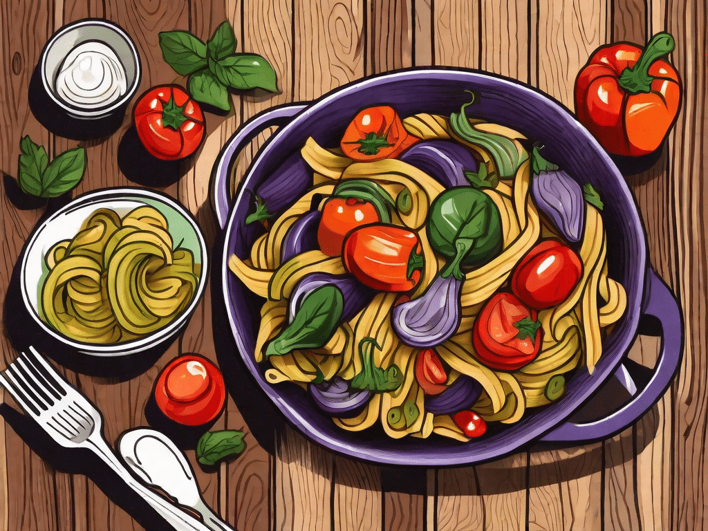 A colorful dish of vegan ratatouille pasta