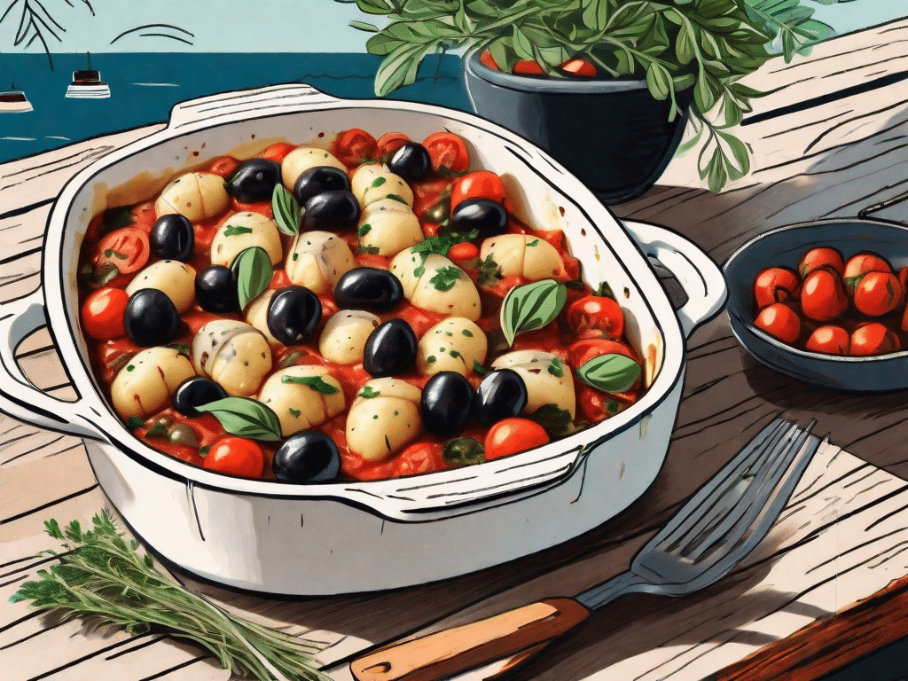 A vibrant dish of vegan mediterranean gnocchi bake