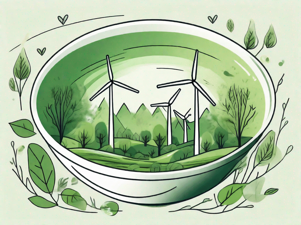 A bowl of pea soup surrounded by elements of nature such as trees and wind turbines