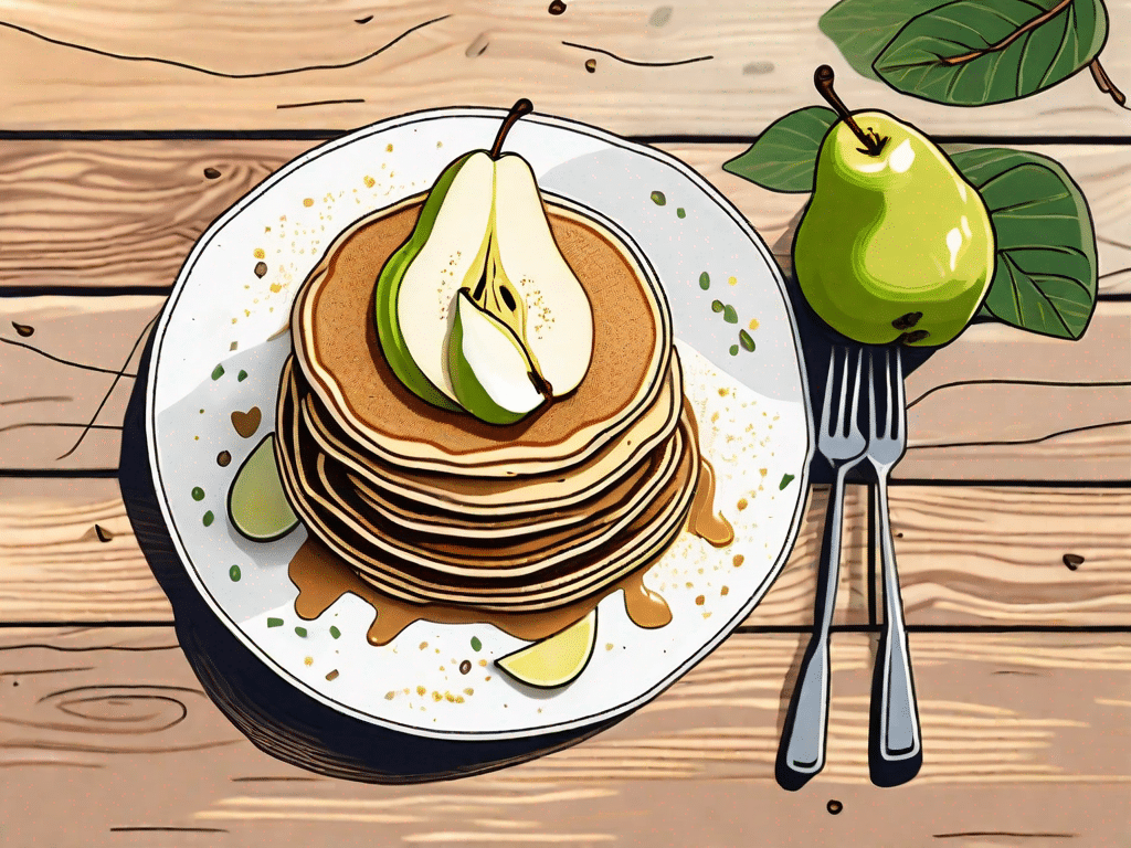 A stack of golden-brown vegan pancakes topped with thinly sliced pears and a sprinkle of ginger