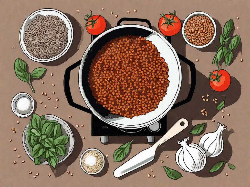 A rustic kitchen scene featuring a pot of simmering lentil bolognese on a stove