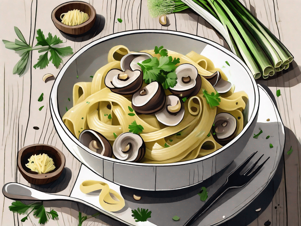 A bowl of pasta filled with sautéed leeks and mushrooms