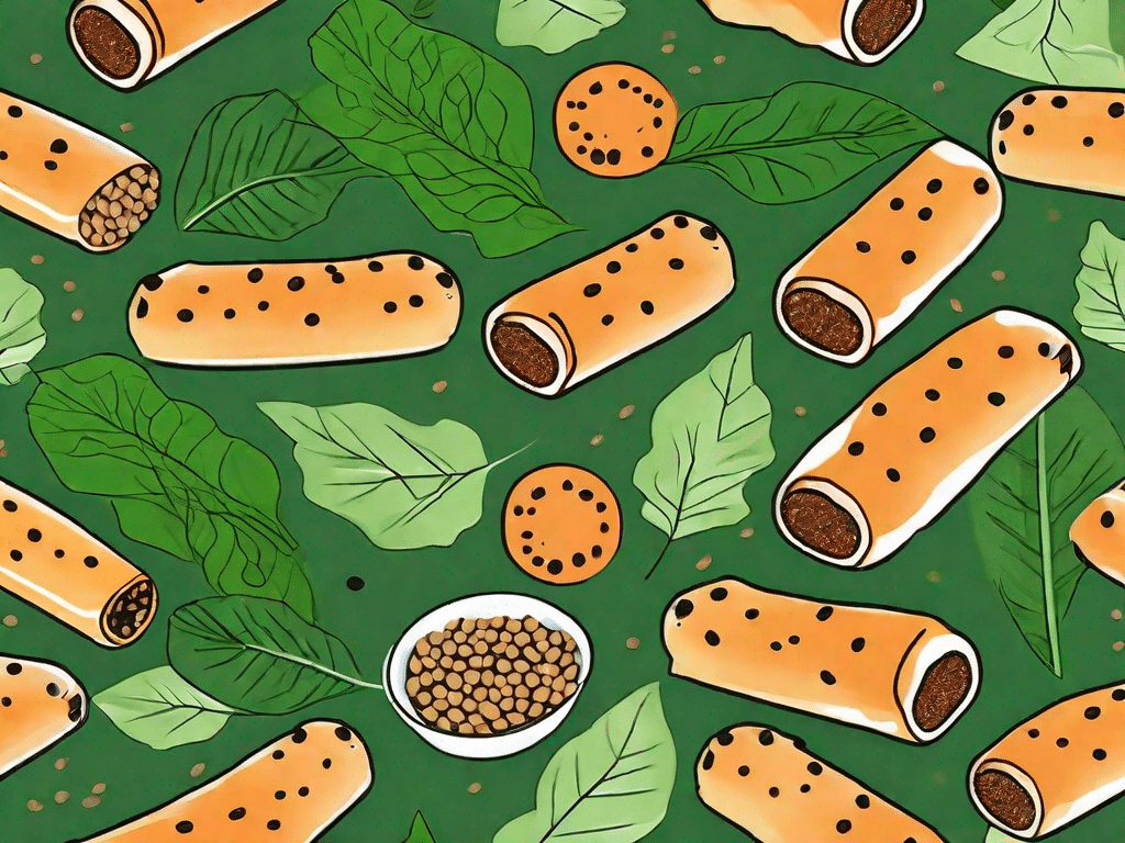 A few lentil sausage rolls placed on a leafy green background
