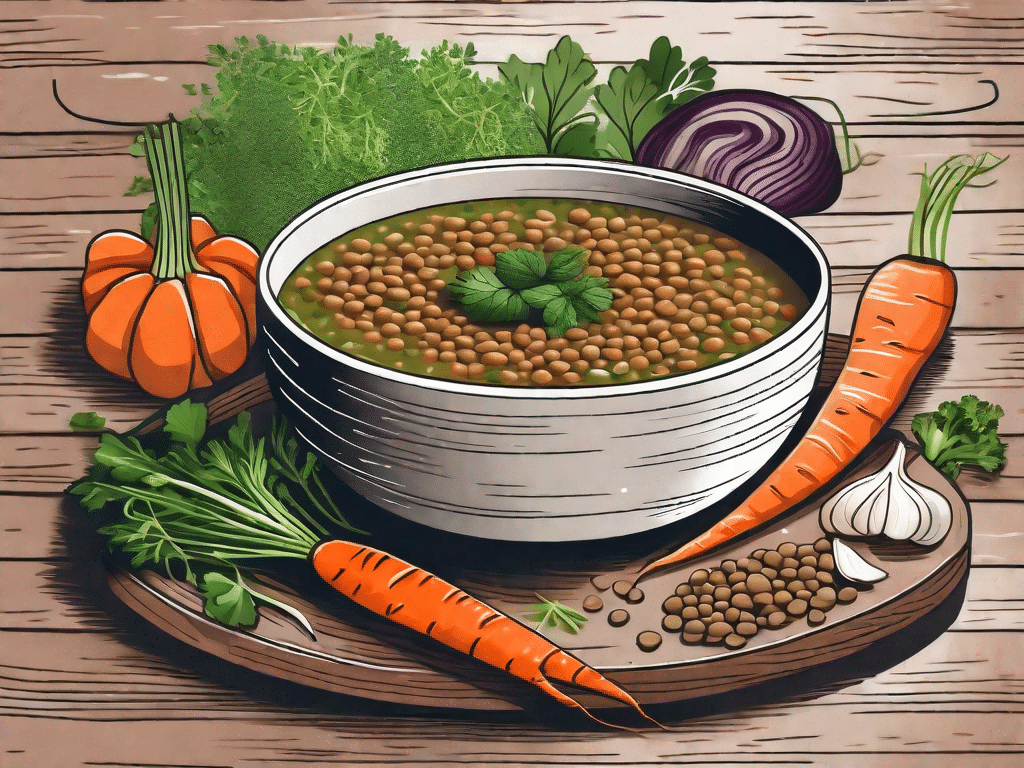 A steaming bowl of lentil soup garnished with fresh herbs