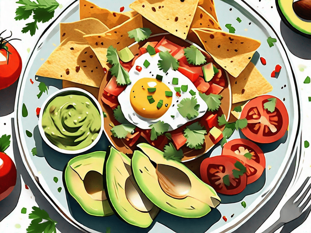 A plate of vegan chilaquiles topped with homemade guacamole