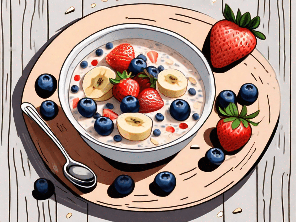 A bowl of overnight oats topped with colorful fruits like strawberries