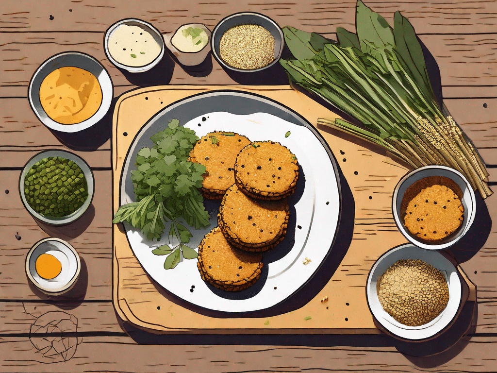 A stack of golden-brown millet and tofu cakes on a rustic plate