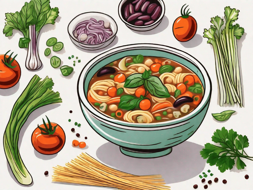 A vibrant bowl of minestrone soup filled with various vegetables like beans