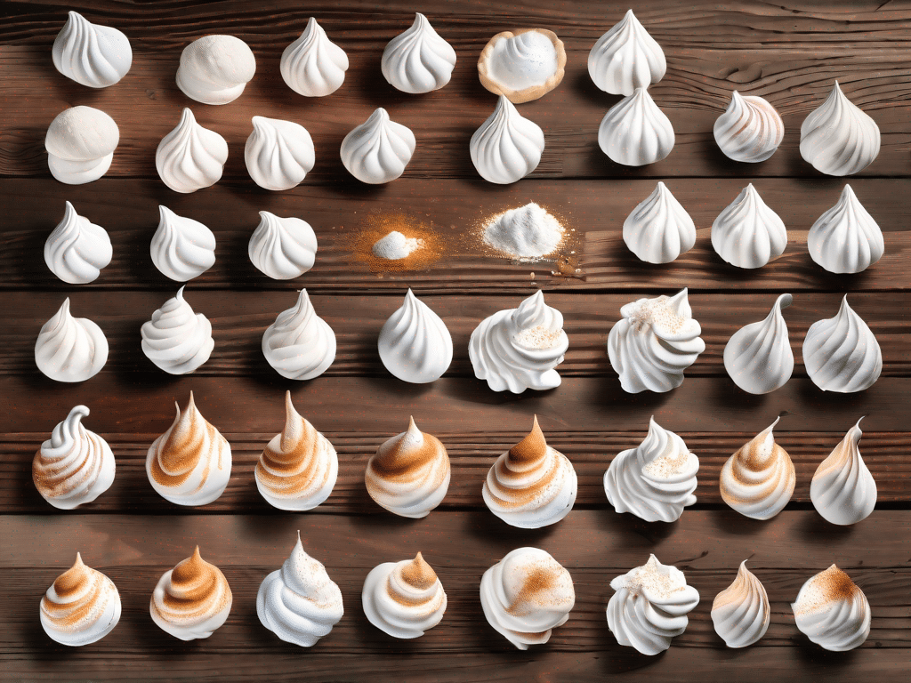 A few fluffy vegan meringues placed artistically on a rustic wooden table