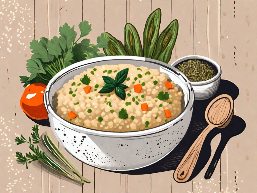 A steaming bowl of millet and vegetable risotto