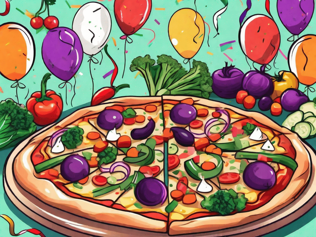 A vibrant vegan pizza adorned with an array of colorful vegetables and vegan cheese