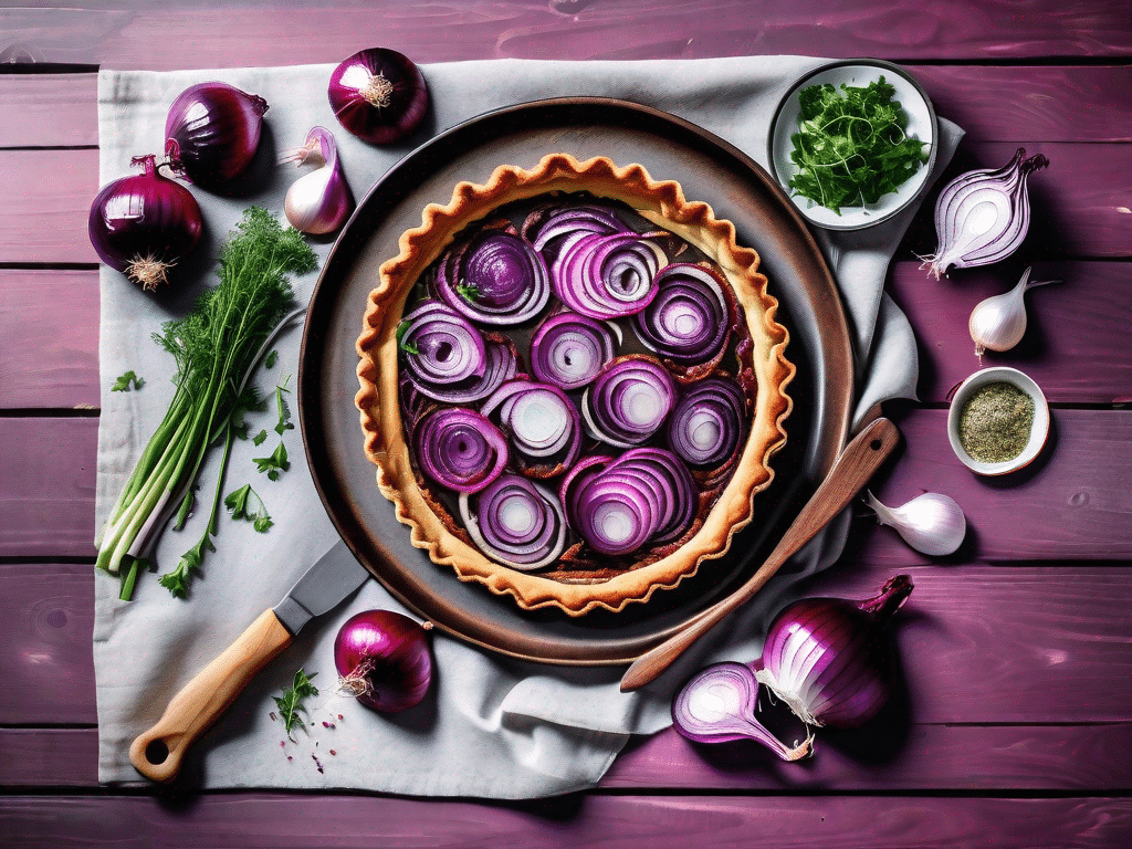 A beautifully presented vegan red onion tart on a rustic wooden table