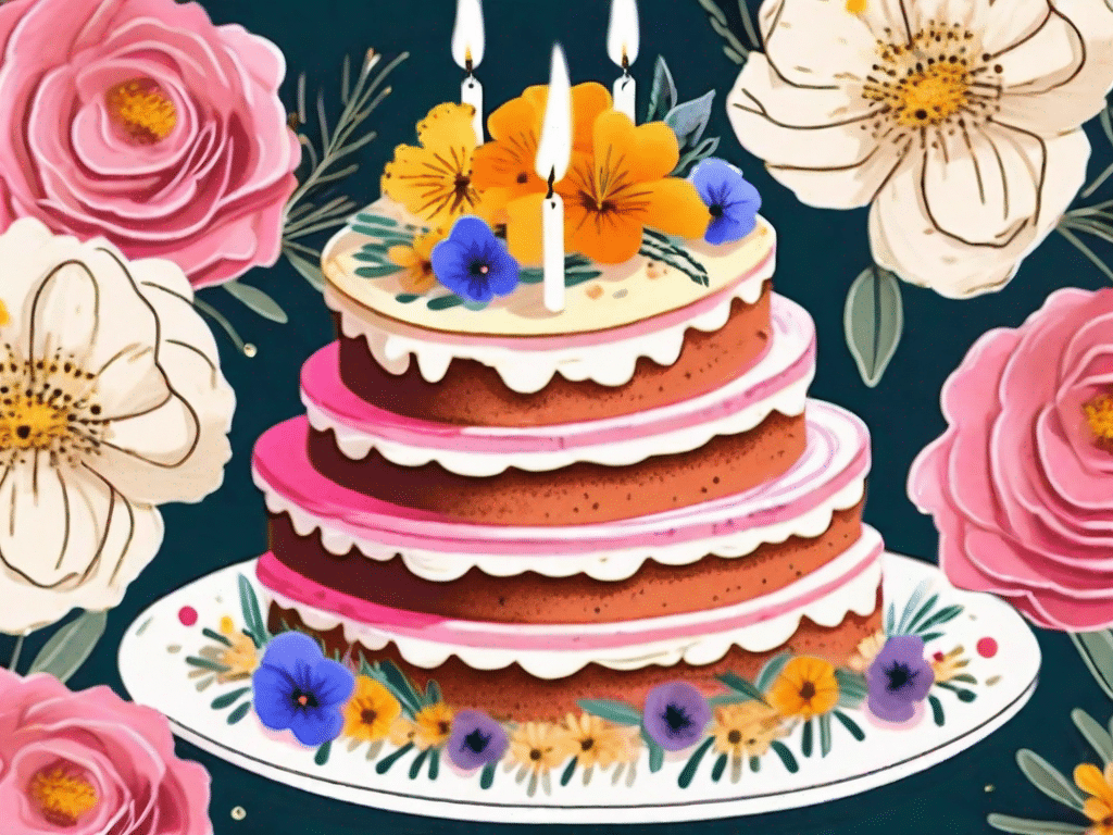 A beautifully decorated vegan sponge birthday cake with vibrant edible flowers and candles on top