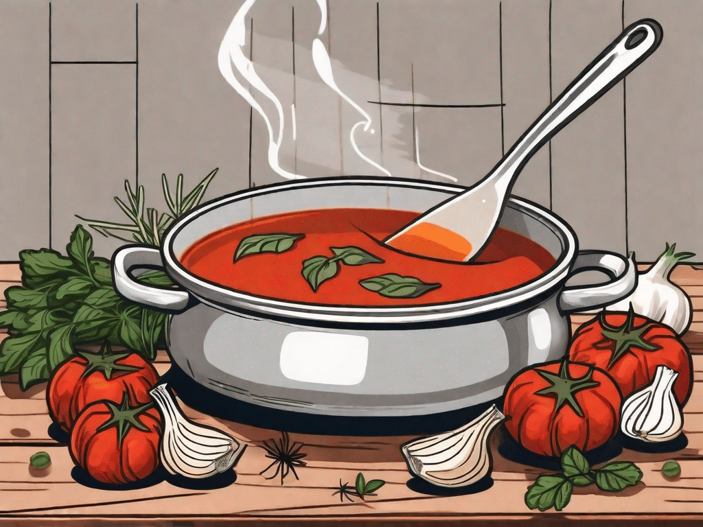 A rustic pot filled with vibrant tomato and garlic soup
