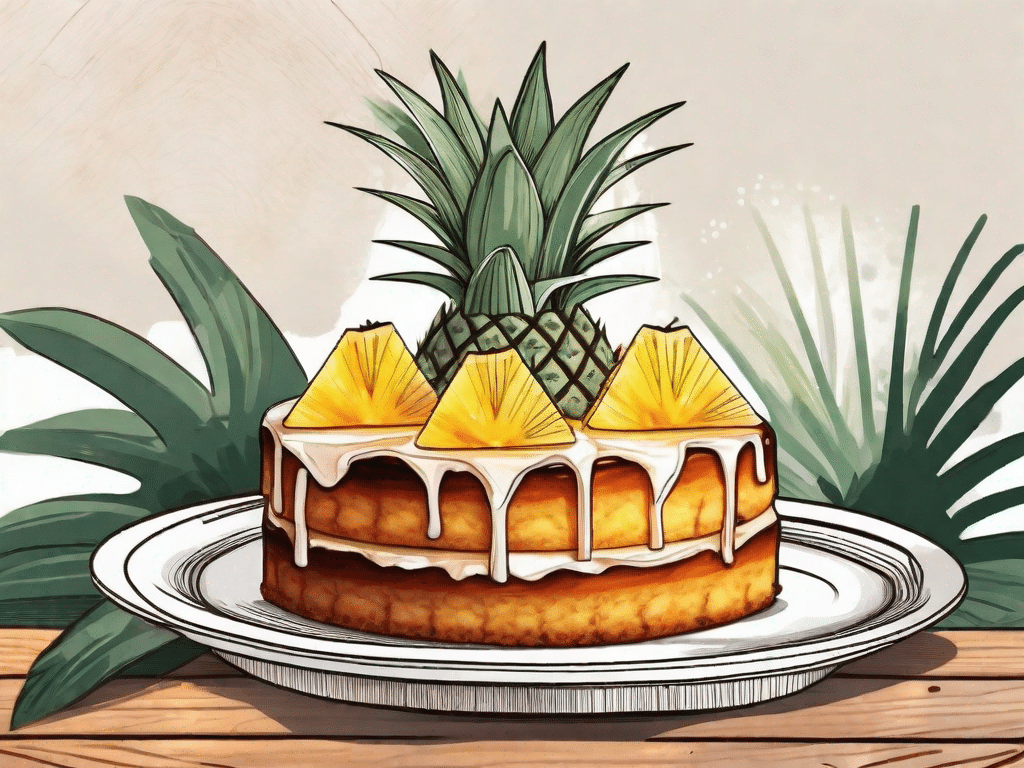A vegan pineapple upside-down cake on a rustic wooden table
