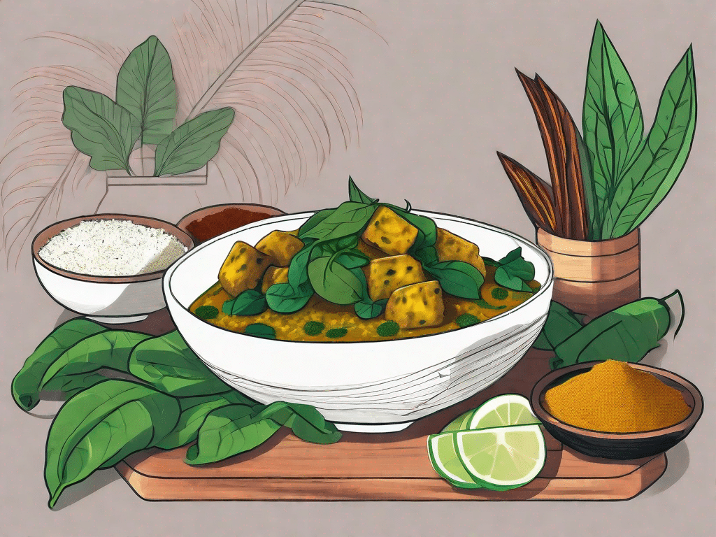 A vibrant dish filled with plantain and spinach curry
