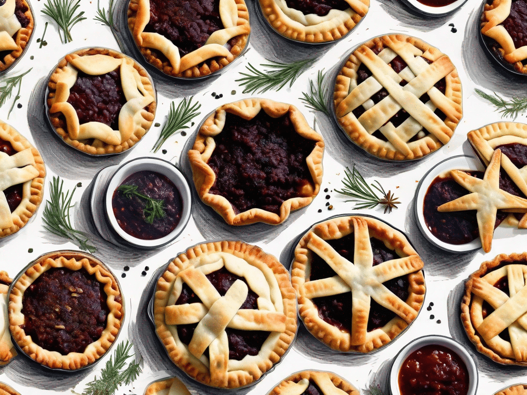 A variety of beautifully arranged vegan savoury mince pies on a rustic kitchen table