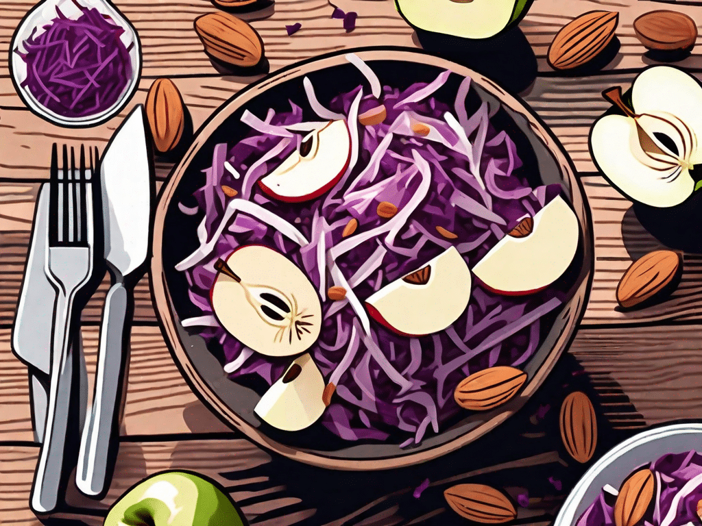 A colorful vegan salad composed of shredded red cabbage