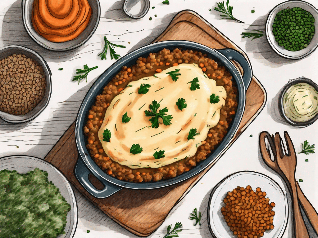 A vegan shepherd's pie with highlighted essential ingredients like lentils