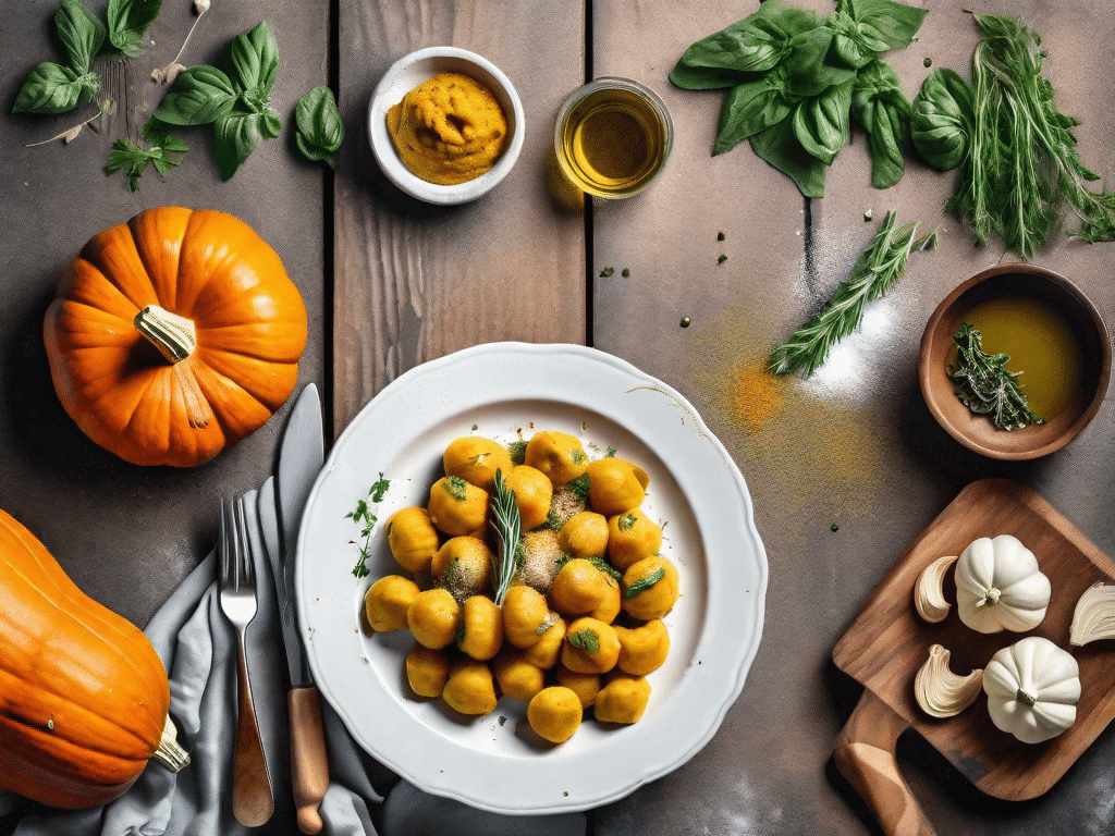 A plate of pumpkin gnocchi garnished with herbs