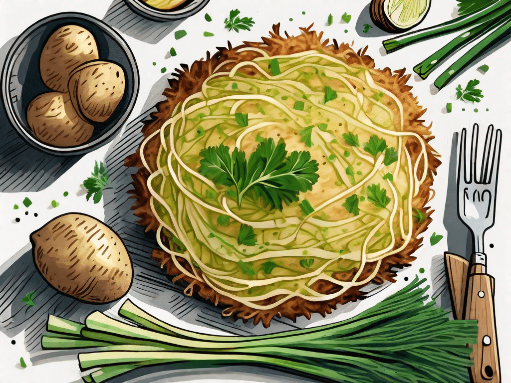 A vegan potato and leek rosti on a rustic wooden table with a few raw ingredients like potatoes