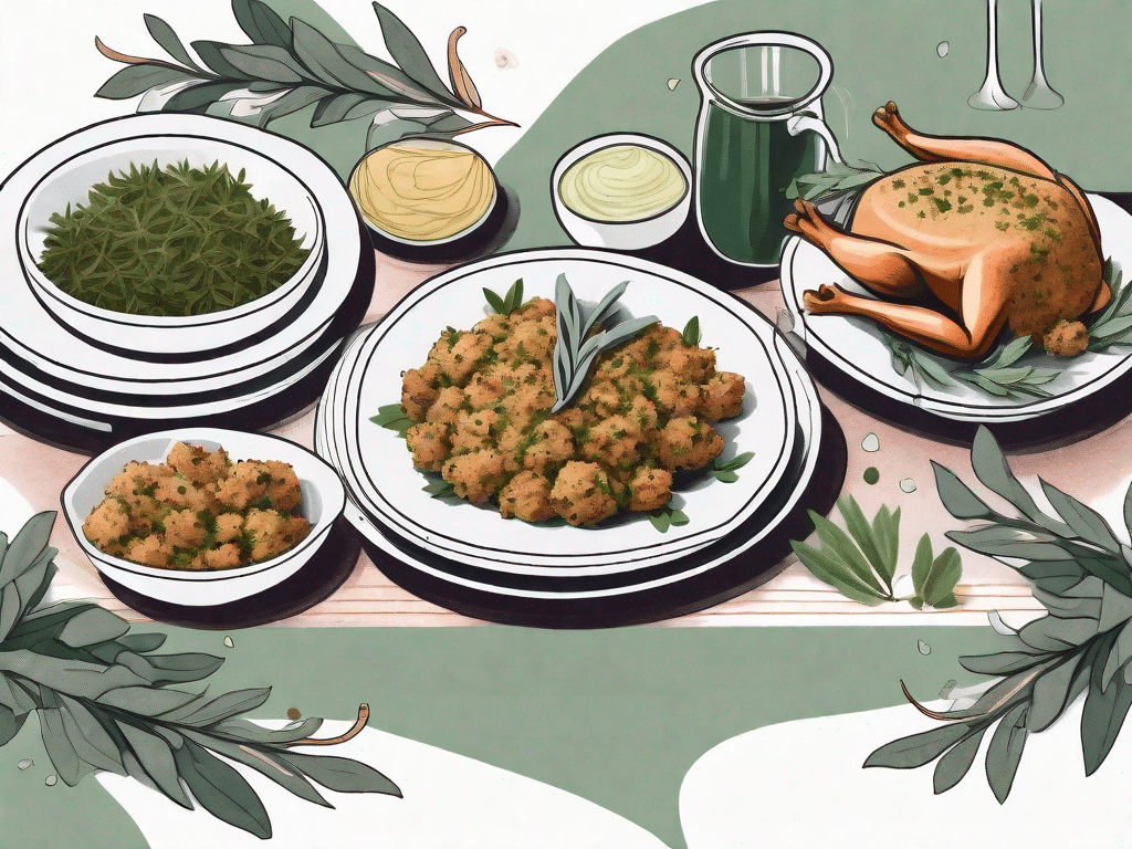 A festive table setting featuring a dish of vegan sage and onion stuffing