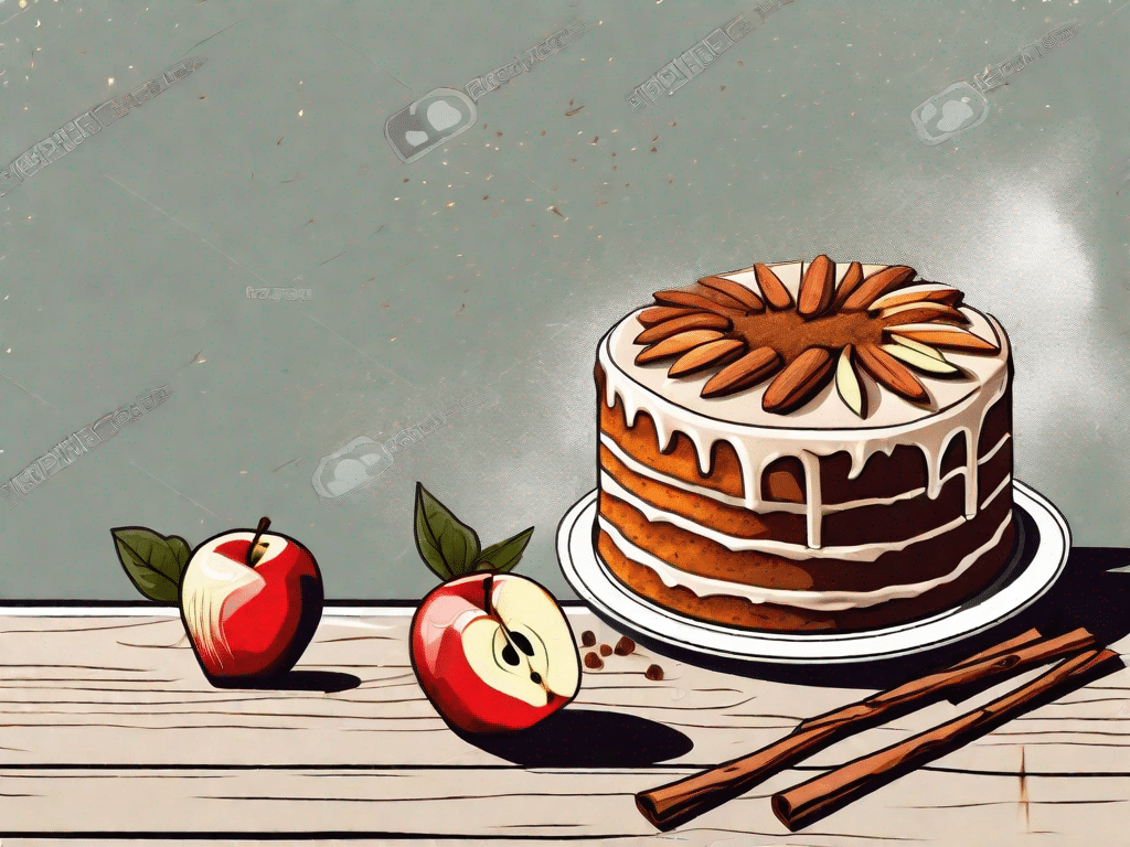 A vegan spiced apple cake garnished with cinnamon sticks and apple slices on a rustic wooden table