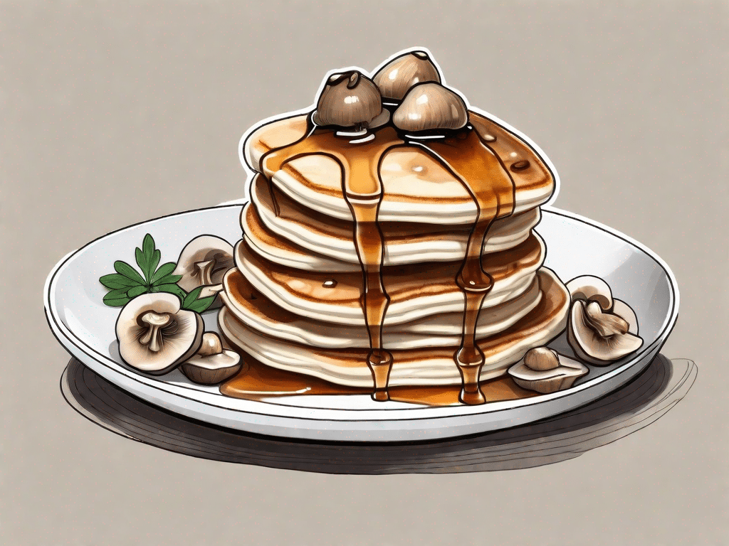 A stack of fluffy vegan pancakes topped with sautéed garlic mushrooms