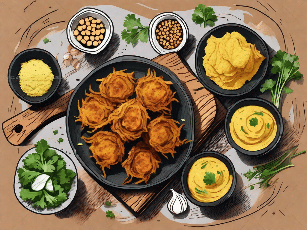 A pile of golden-brown vegan onion bhajis surrounded by fresh ingredients like onions