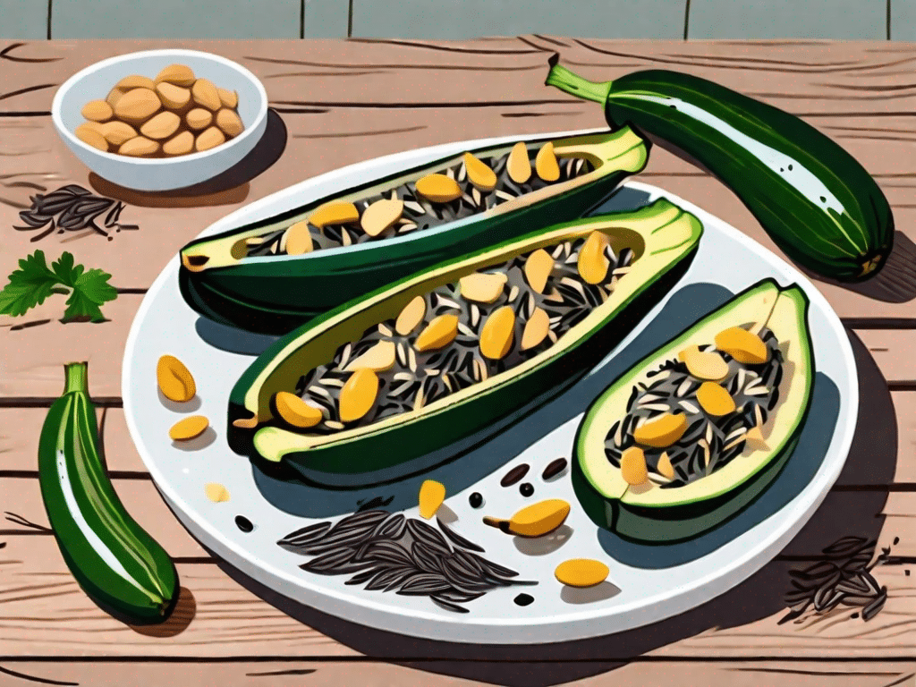 Baked courgettes stuffed with a colorful mix of cashews and wild rice