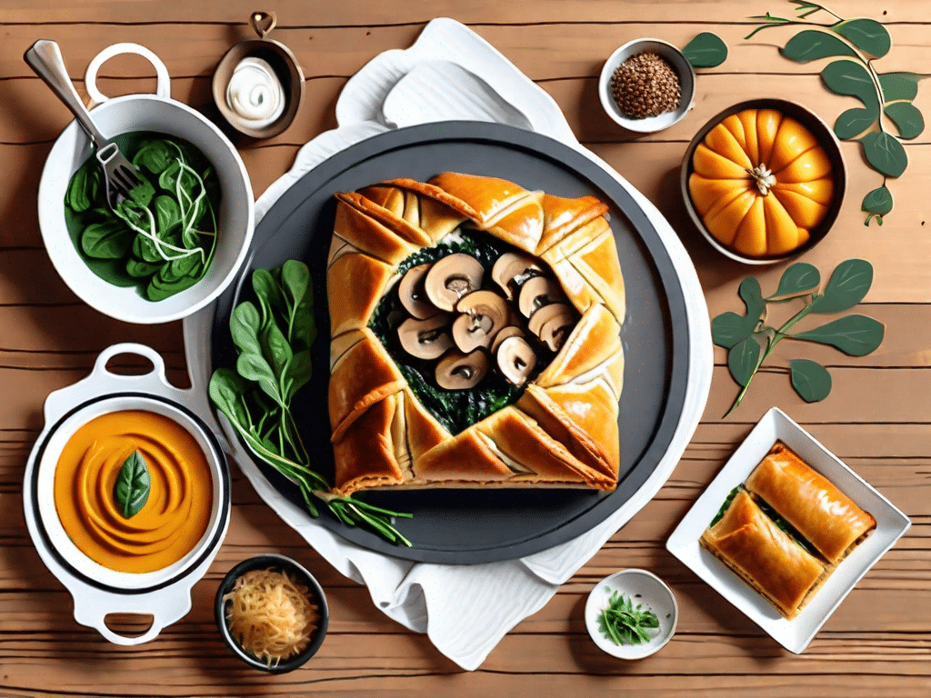 A beautifully presented butternut squash wellington on a rustic wooden table